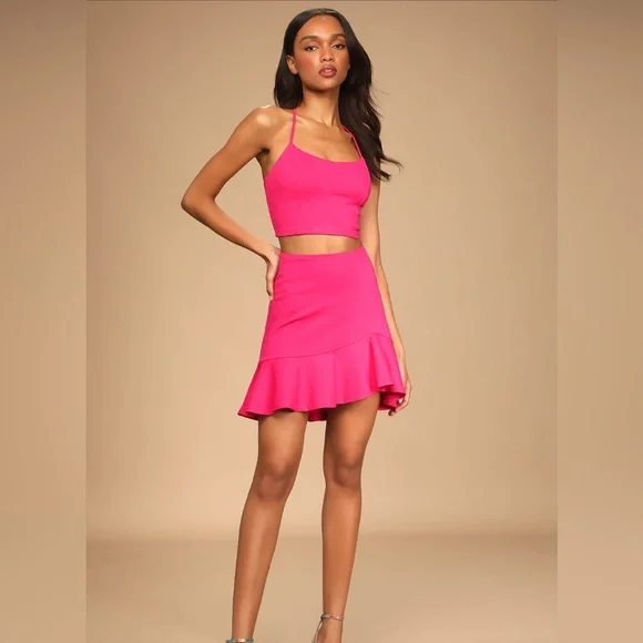 Lulu’s Catch My Eye Hot Pink Two-Piece Lace-Up Mini Dress, Size M - Picture 2 of 12